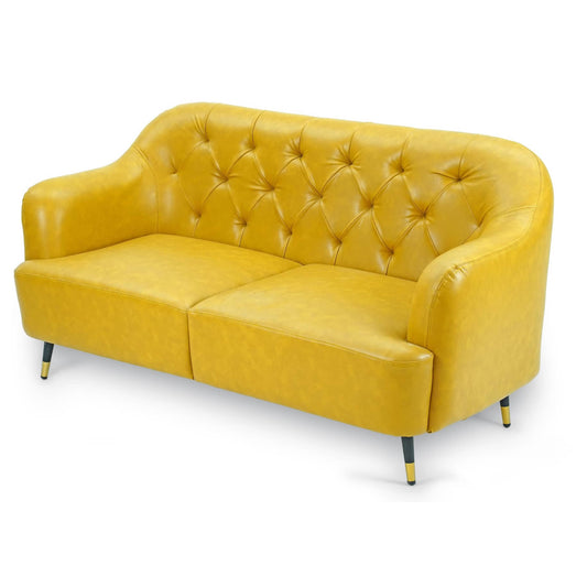 Introducing the Neo-Classical Sofa by Tooba Furniture Factory, a stylish yellow sofa featuring a tufted backrest, curved armrests, and sleek black legs. This modern piece boasts smooth upholstery and is designed to comfortably seat two people, making it ideal for contemporary interiors.