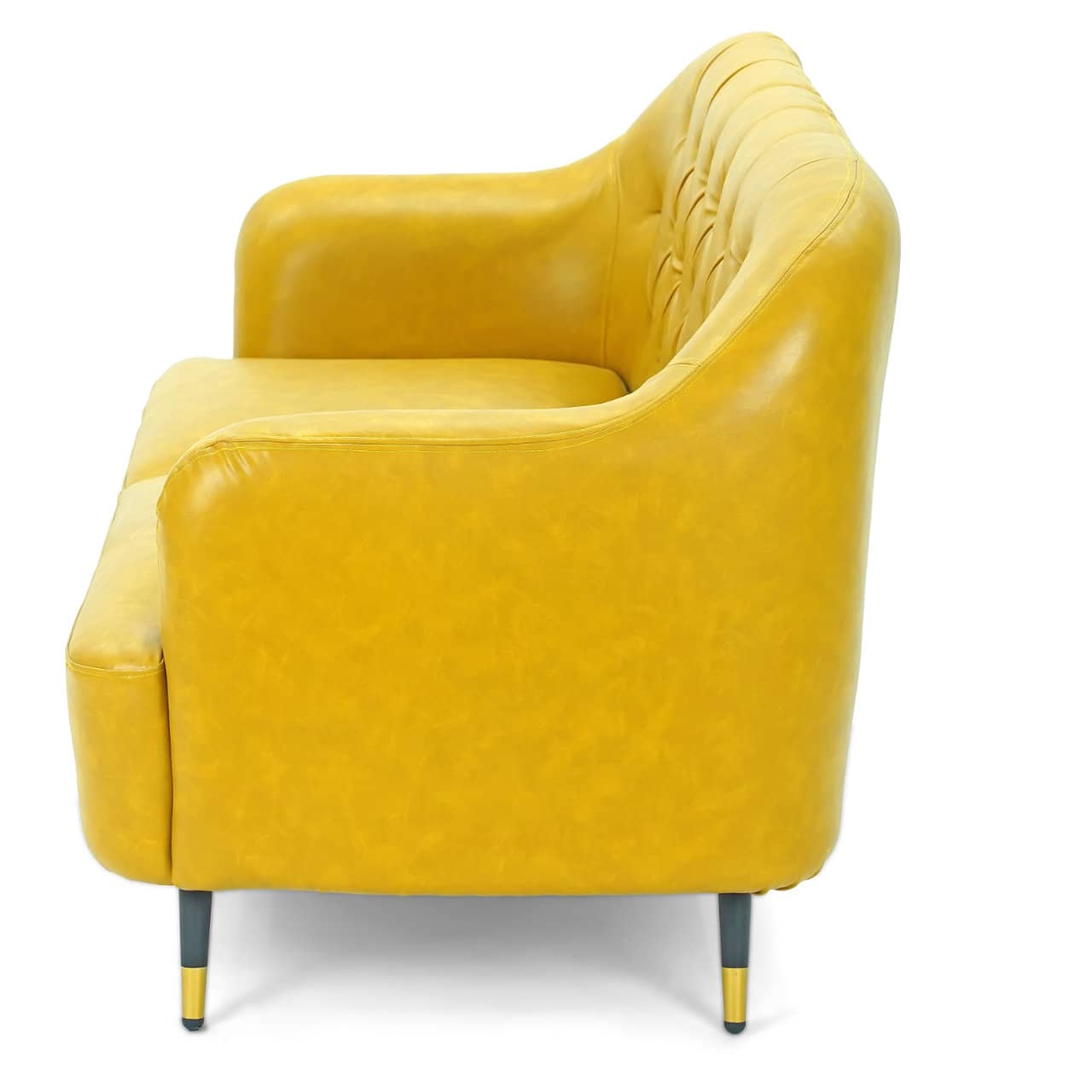 Introducing the Neo-Classical Sofa by Tooba Furniture Factory, a stylish yellow sofa featuring a tufted backrest, curved armrests, and sleek black legs. This modern piece boasts smooth upholstery and is designed to comfortably seat two people, making it ideal for contemporary interiors.