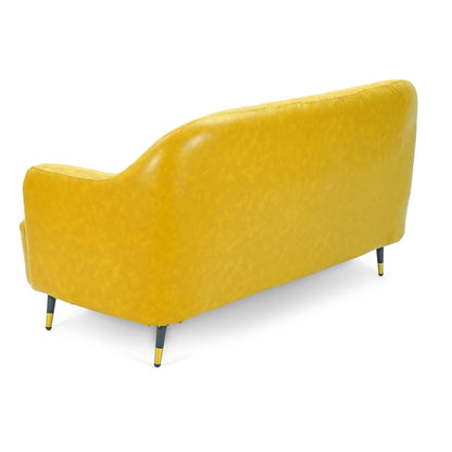 Introducing the Neo-Classical Sofa by Tooba Furniture Factory, a stylish yellow sofa featuring a tufted backrest, curved armrests, and sleek black legs. This modern piece boasts smooth upholstery and is designed to comfortably seat two people, making it ideal for contemporary interiors.