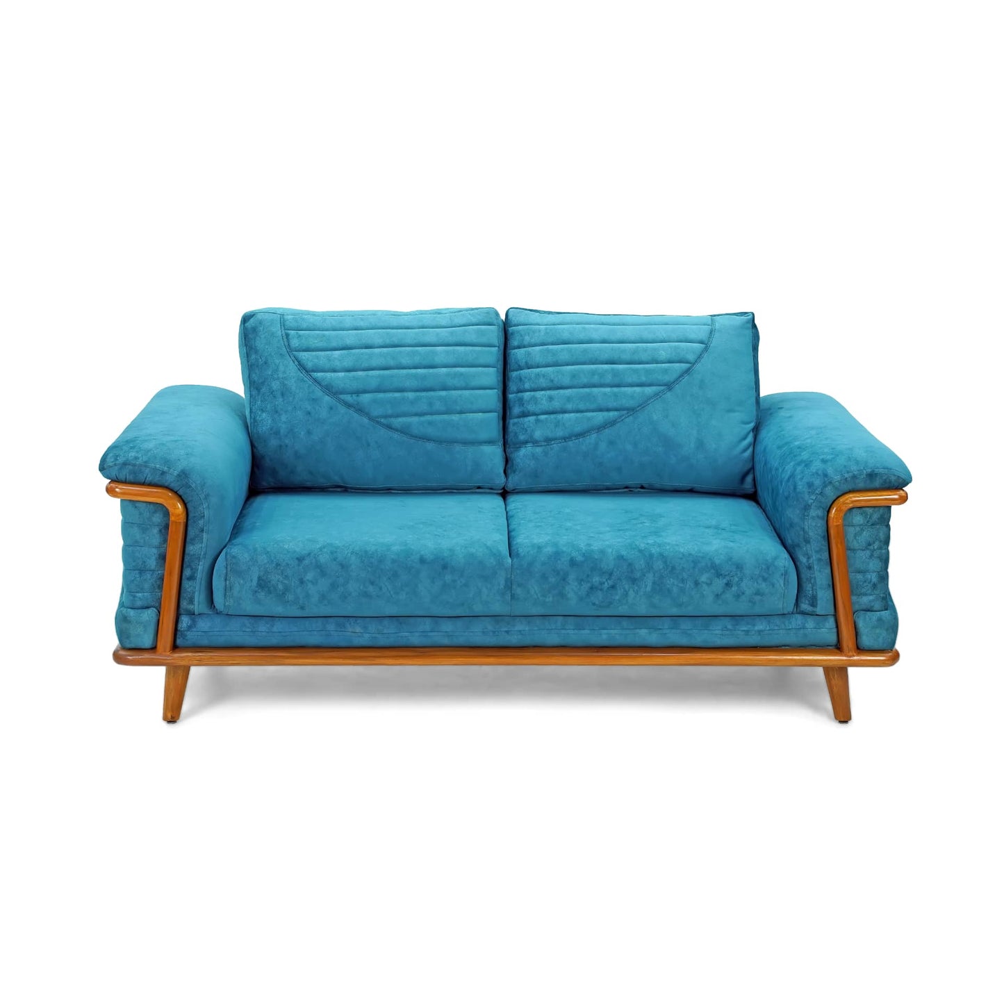 The Quantum Sofa by Tooba Furniture Factory is a modern teal upholstered piece that boasts a wooden frame and legs. It features simple, clean lines, cushioned armrests, and an angled backrest with a quilted design. Wooden accents enhance its stylish and contemporary appeal.