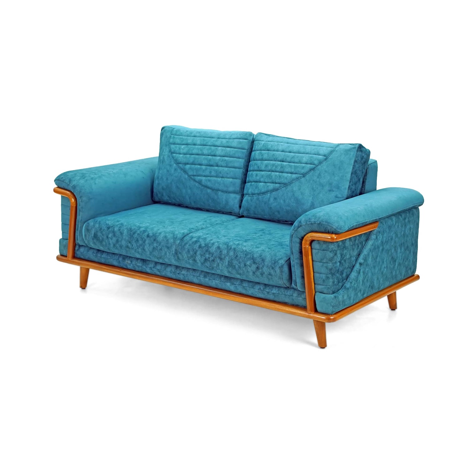 The Quantum Sofa by Tooba Furniture Factory is a modern teal upholstered piece that boasts a wooden frame and legs. It features simple, clean lines, cushioned armrests, and an angled backrest with a quilted design. Wooden accents enhance its stylish and contemporary appeal.