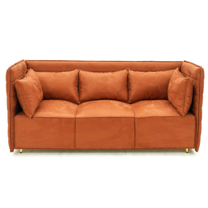 The Tooba Furniture Factory European sofa is a luxurious three-seater upholstered in rich, burnt-orange fabric, featuring a quilted design along the back and sides. This elegant couch includes three seat cushions and three matching backrest cushions, all set on slender, gold-toned legs.