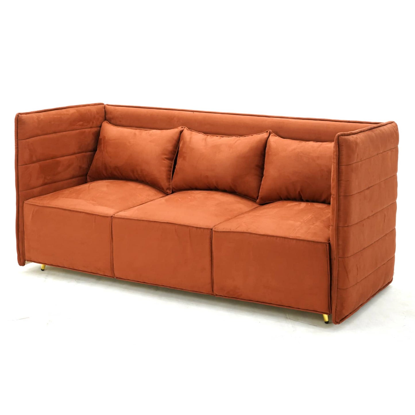 The Tooba Furniture Factory European sofa is a luxurious three-seater upholstered in rich, burnt-orange fabric, featuring a quilted design along the back and sides. This elegant couch includes three seat cushions and three matching backrest cushions, all set on slender, gold-toned legs.