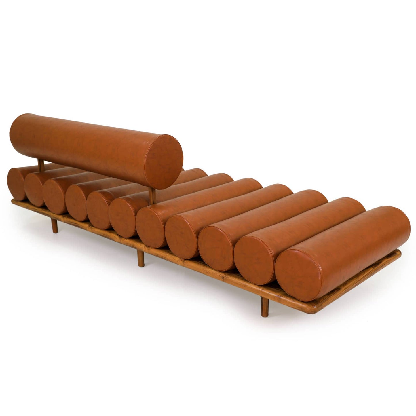 The Cylinder Cushion Sofa by Tooba Furniture Factory is a modern, minimalist piece with a distinct design featuring multiple cylindrical cushions arranged horizontally on a wooden frame. The cushions are upholstered in brown leather, and the backrest is made from a single, long cylindrical cushion.