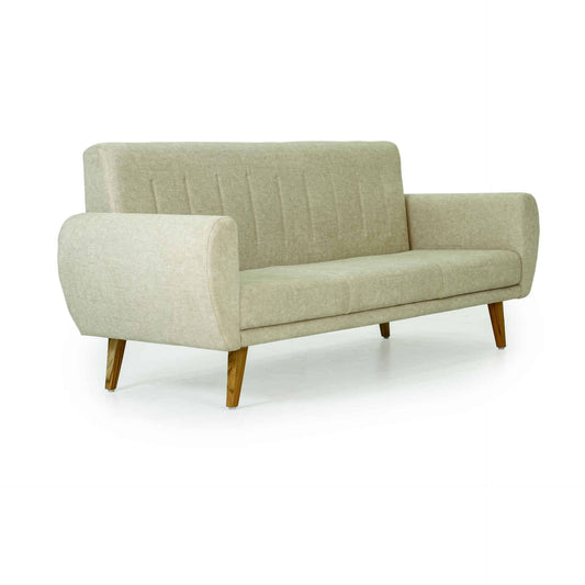 Tooba Furniture Factory presents the Arm sofa: a beige, mid-century modern piece with wooden legs and vertical stitching on the backrest. This minimalist design provides seating for up to three people, featuring slightly curved armrests and angled outward legs.