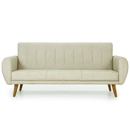 Tooba Furniture Factory presents the Arm sofa: a beige, mid-century modern piece with wooden legs and vertical stitching on the backrest. This minimalist design provides seating for up to three people, featuring slightly curved armrests and angled outward legs.